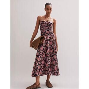 ME+EM Paisley Print Midi Dress Halter Cotton Floral Drop Waist Size 10 Pink